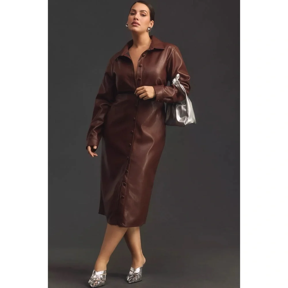 by Anthropologie Fuax Leather Midi Shirt Dress In Brown Size 1X Plus Size